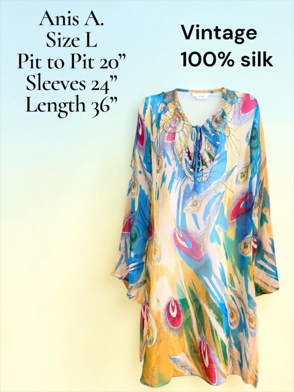 Vintage Anis A 100% Silk Tunic Dress L Beaded Feather Print Boho Resort Luxe - Picture 8 of 14